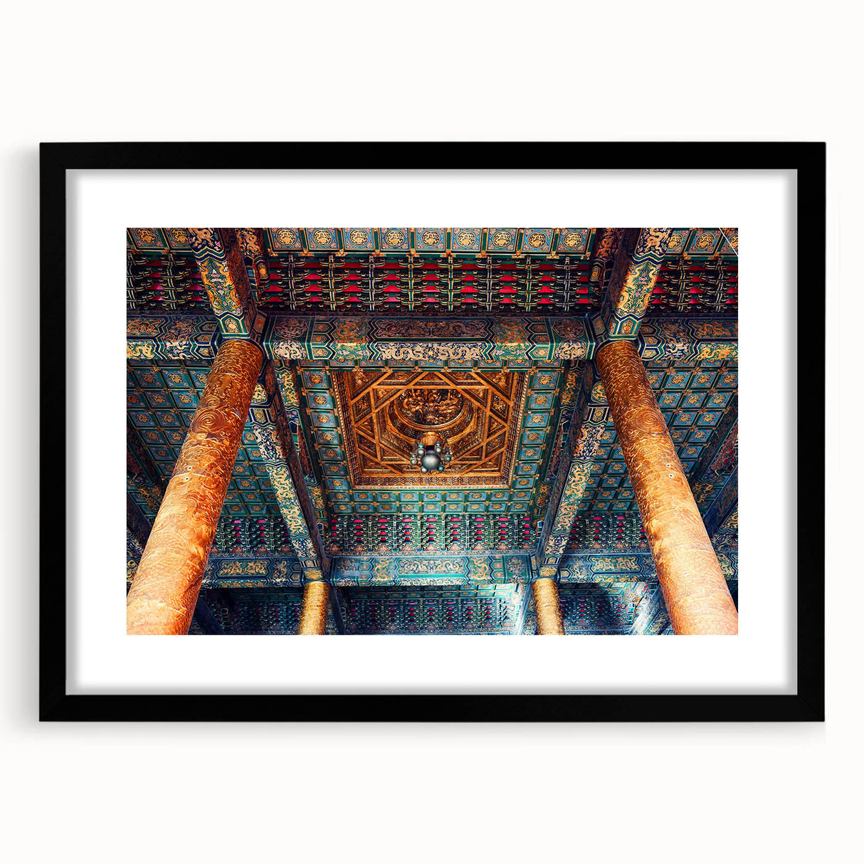 Extra large abstract art print of colorful, textured Beijing skyline on a black framed canvas, ideal for living room decor.