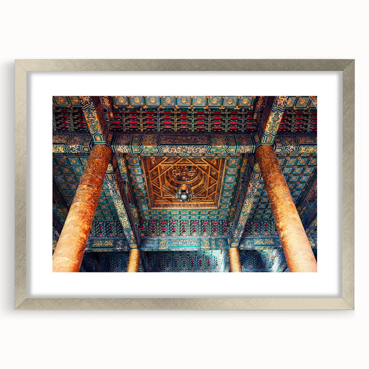 Textured abstract art print of Beijing scenery in muted earth tones on a framed silver mat, suitable for bedroom art.