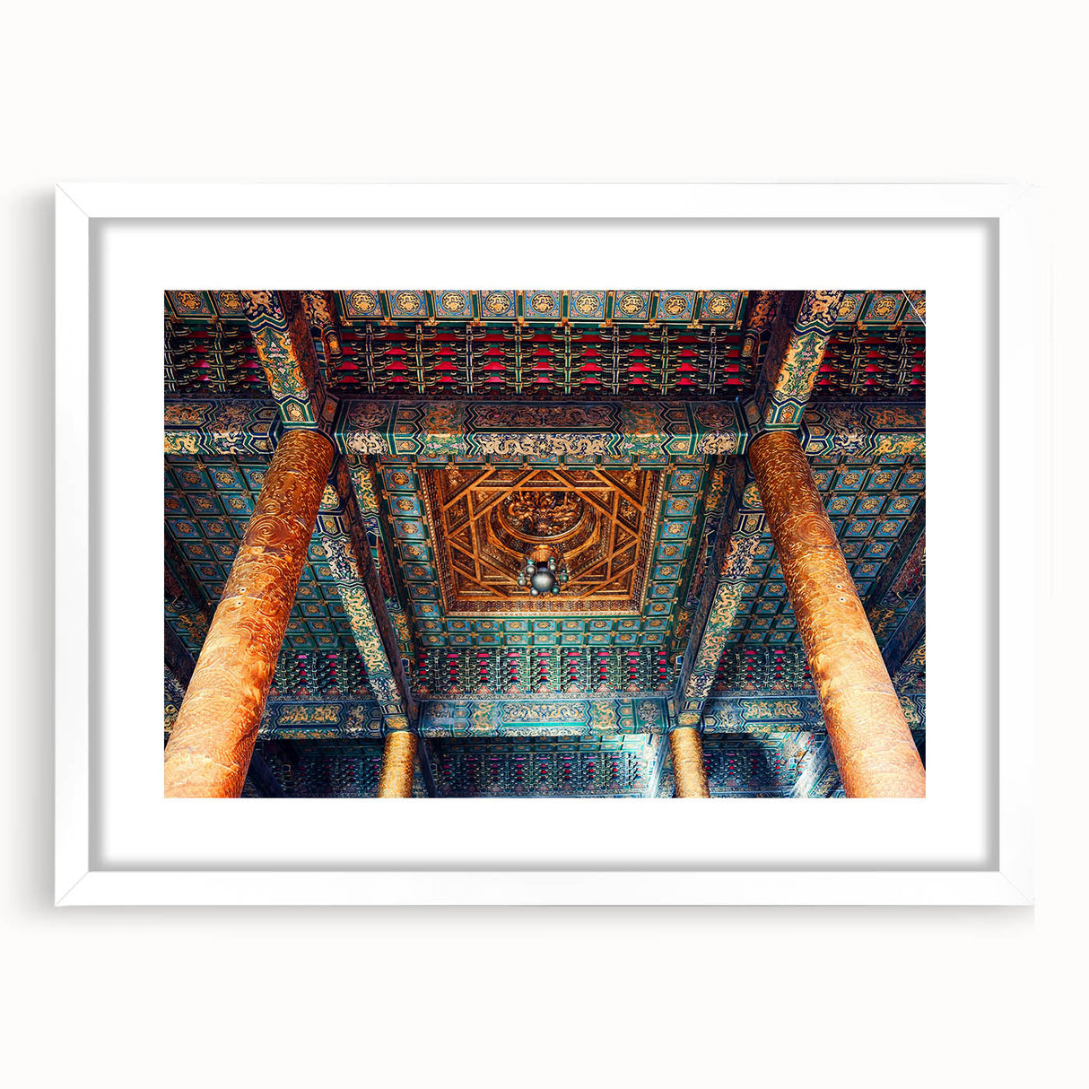 Abstract art print of Beijing scenery in muted earth tones on a framed white mat, suitable for dining room decor.