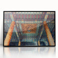Large abstract wall art depicting Beijing's skyline in muted gray and blue tones, framed in black acrylic.