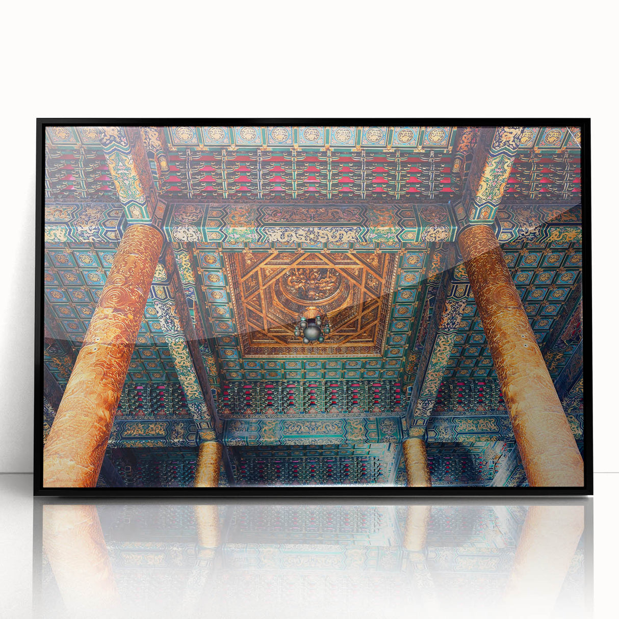 Large abstract wall art depicting Beijing's skyline in muted gray and blue tones, framed in black acrylic.