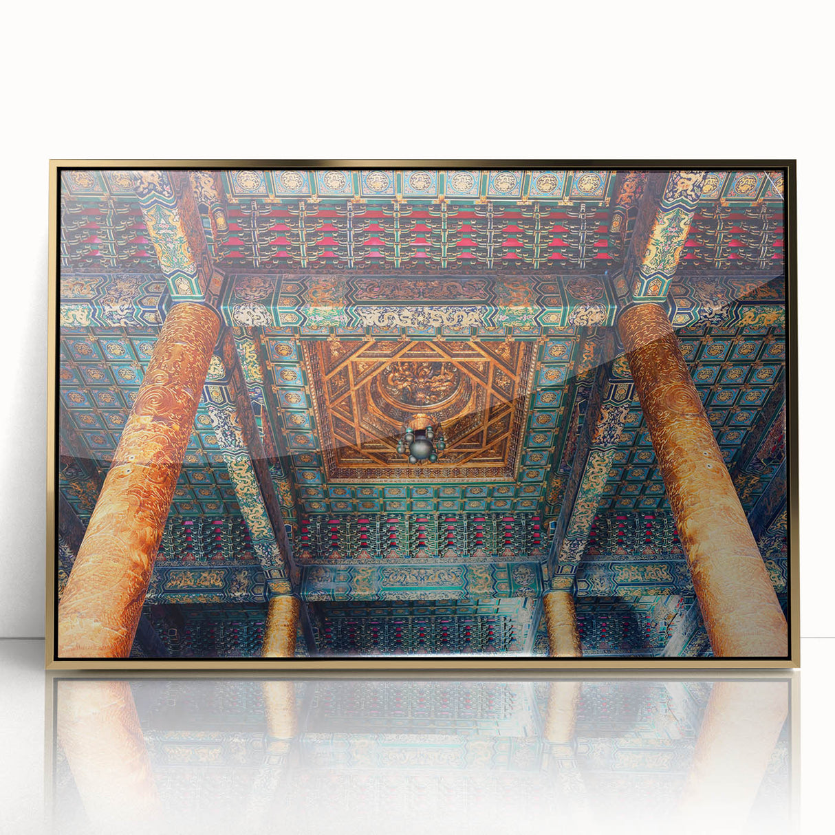 Large art print of Beijing scenery in mid-century modernist style, featuring muted gold and gray tones on a framed acrylic.