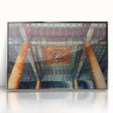 Mid-century modernist art depicting the Beijing skyline in muted silver tones on a framed acrylic print.