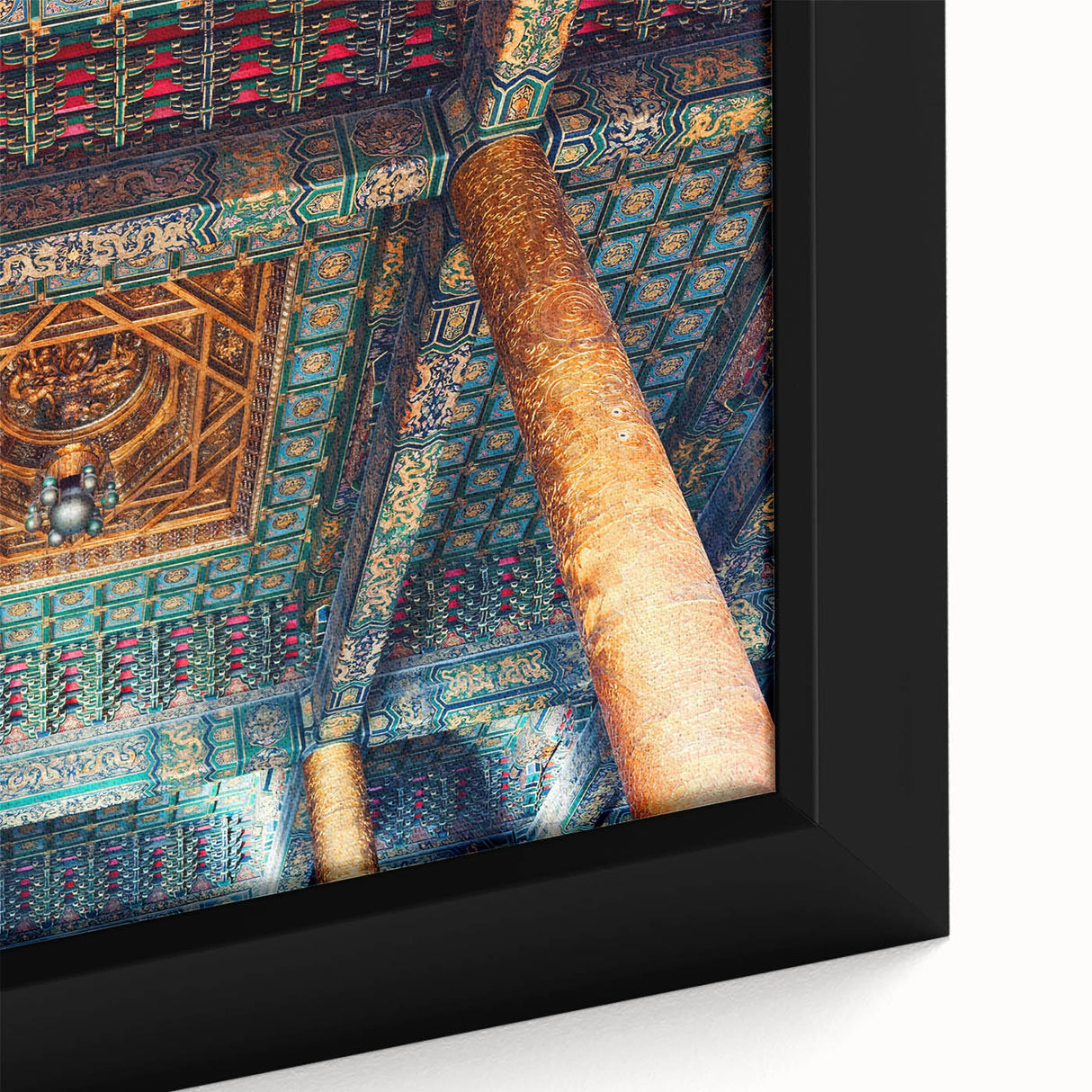 Extra large framed canvas featuring a textured, colorful depiction of Beijing's cityscape on a black background.
