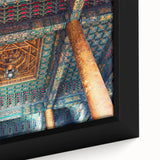 Extra large framed canvas featuring a textured, colorful depiction of Beijing's cityscape on a black background.