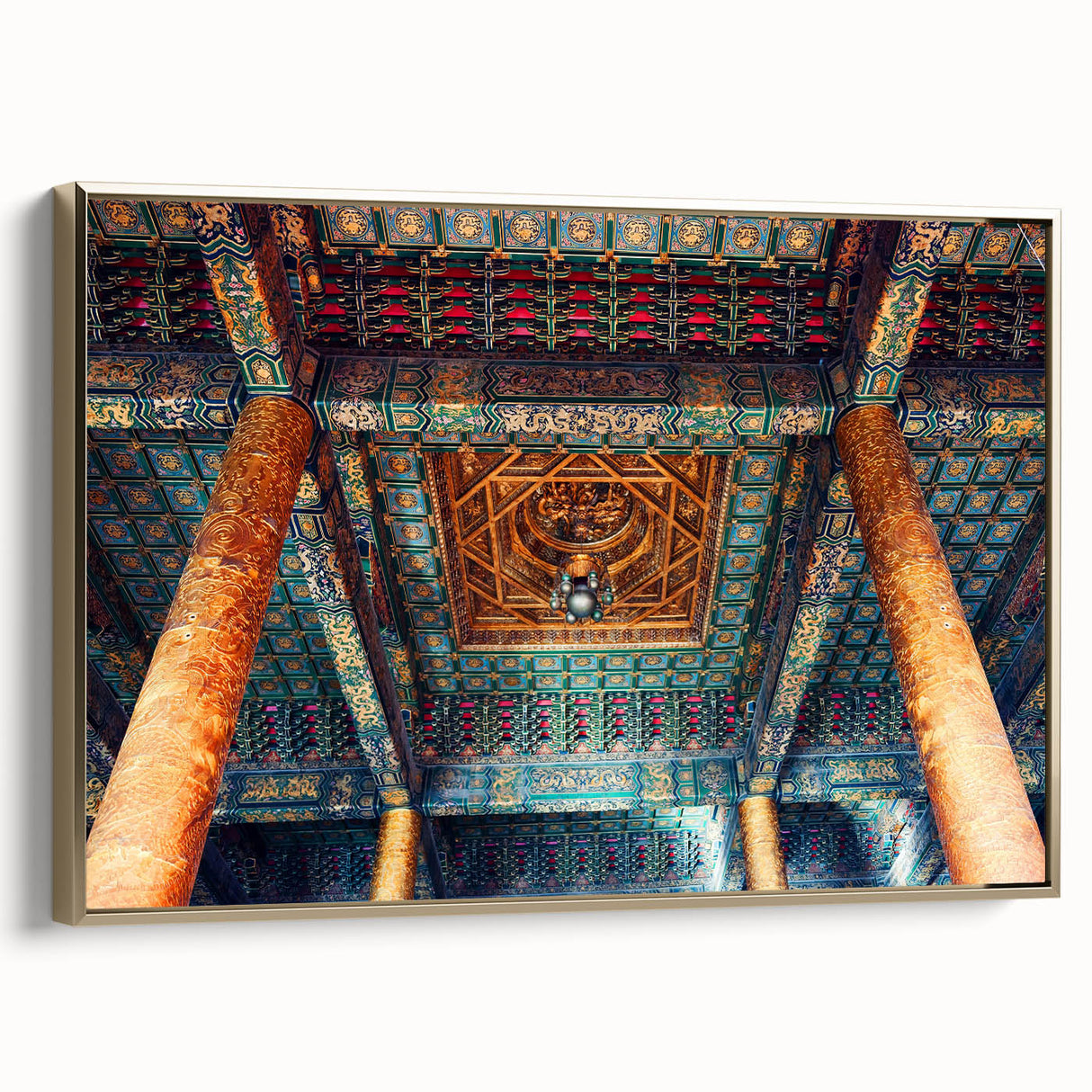 Framed canvas wall art featuring a vintage-style Beijing landscape in black and gold tones, ideal for bedroom decor.