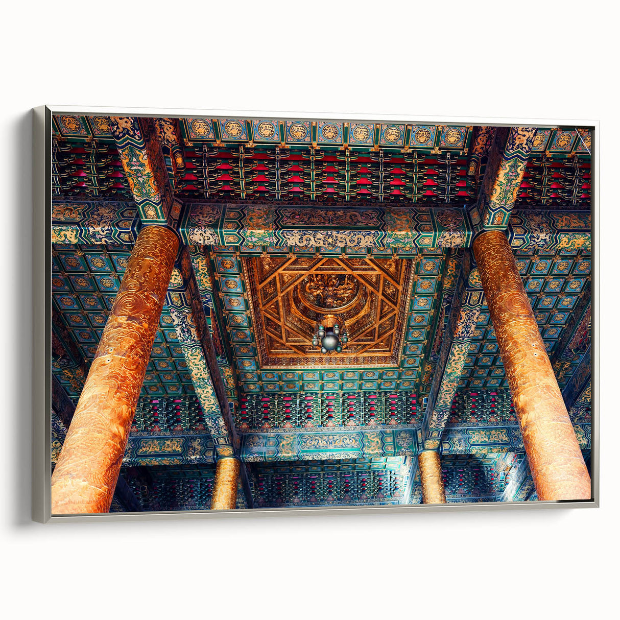 Framed canvas depicting a vintage landscape painting of Beijing, featuring colorful art in black wall art tones.