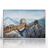 Acrylic print of the Great Wall of China in muted earth tones, framed in white, ideal for modern art wall decor.