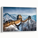 Vintage poster art of the Great Wall of China in colorful tones on a framed canvas, ideal for living room decor.
