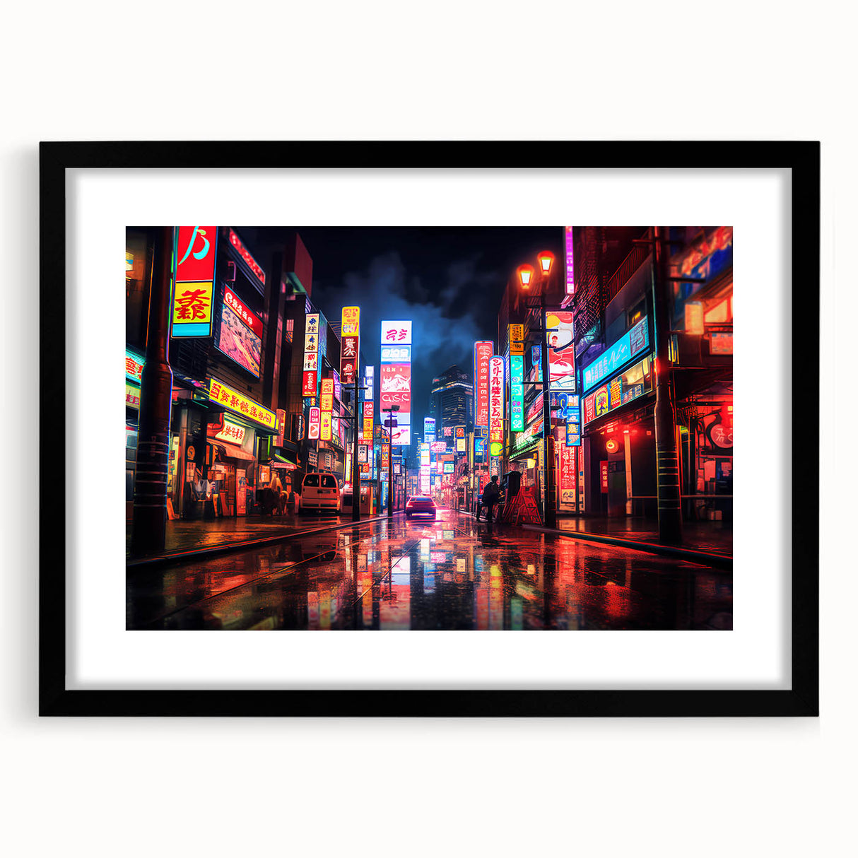 Extra large abstract art print of Shanghai skyline in vibrant colors on a textured canvas, framed in black.