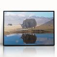 Large abstract wall art depicting a Tibetan landscape in muted earth tones on framed acrylic.
