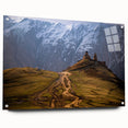 Large abstract wall art on acrylic glass depicting Asian scenery in muted earth tones.