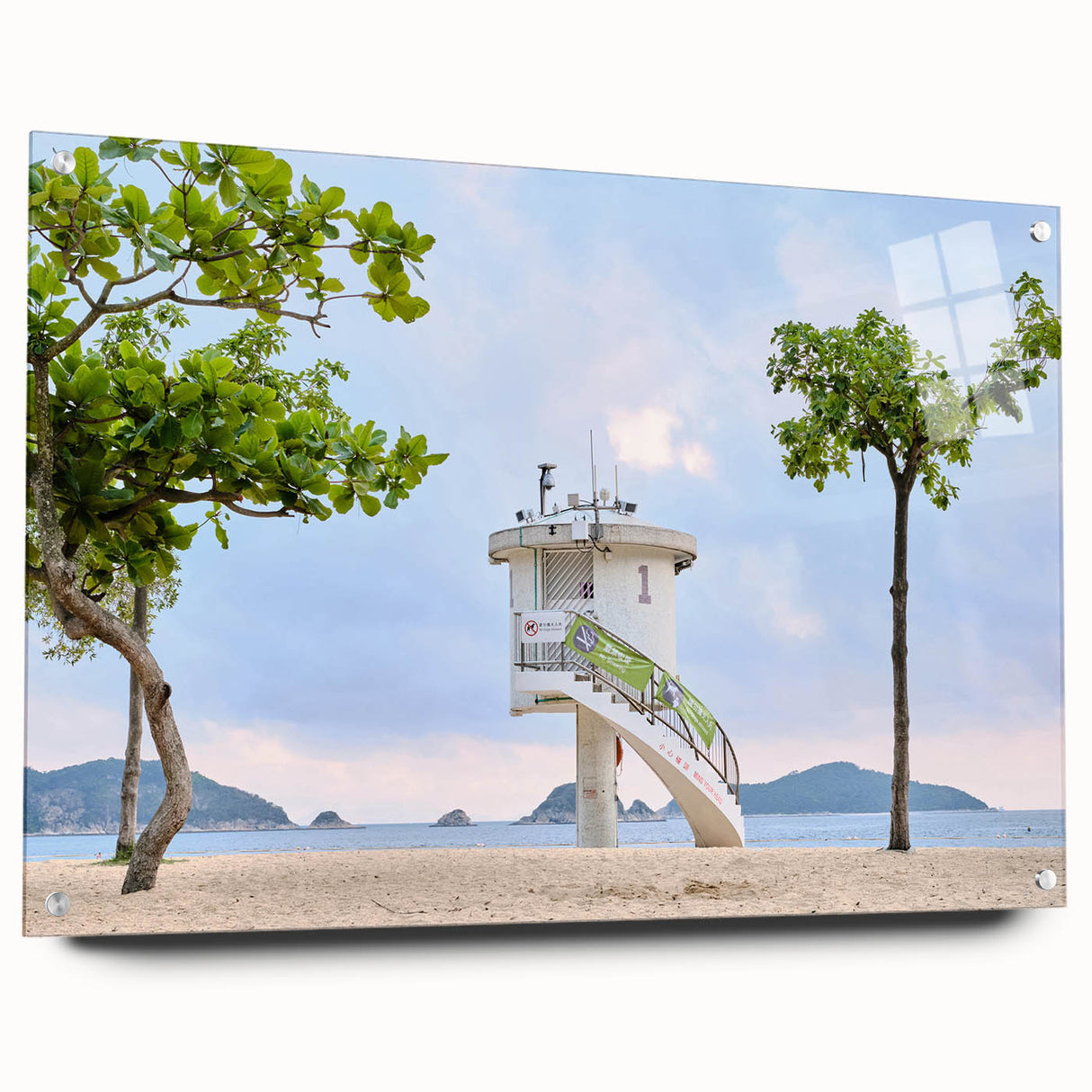 Acrylic glass print of Hong Kong skyline in muted gray and blue tones, ideal for modern bedroom or dining room decor.