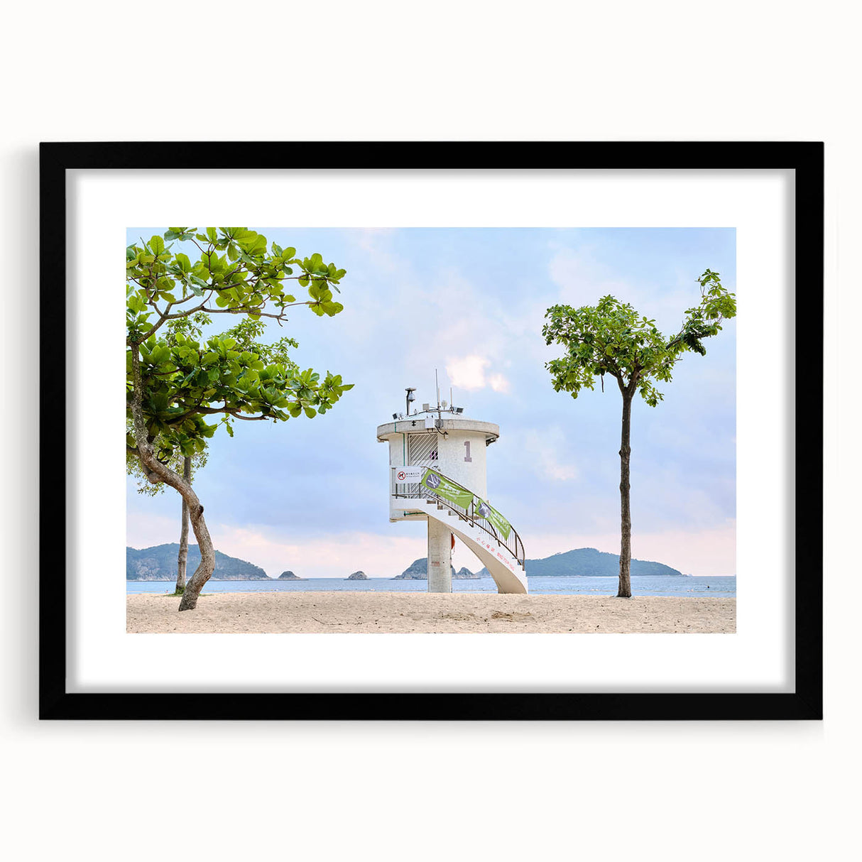 Extra large abstract art print of colorful Hong Kong scenery in a black frame, ideal for living room decor.