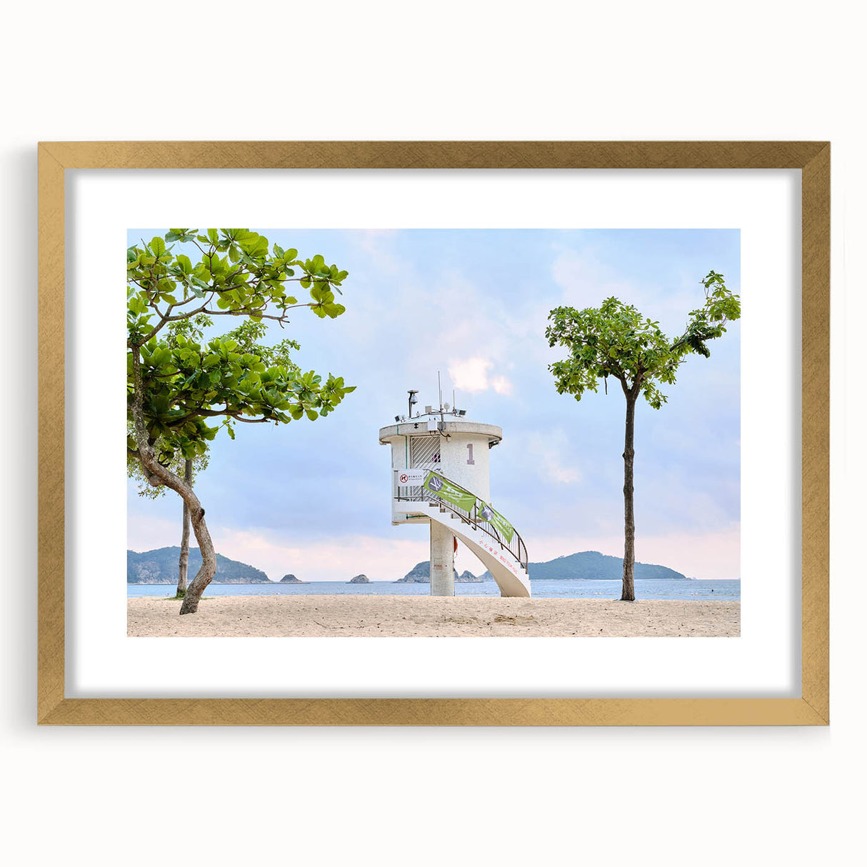 Extra large abstract art print of Hong Kong skyline in textured gold frame, ideal for living room decor.