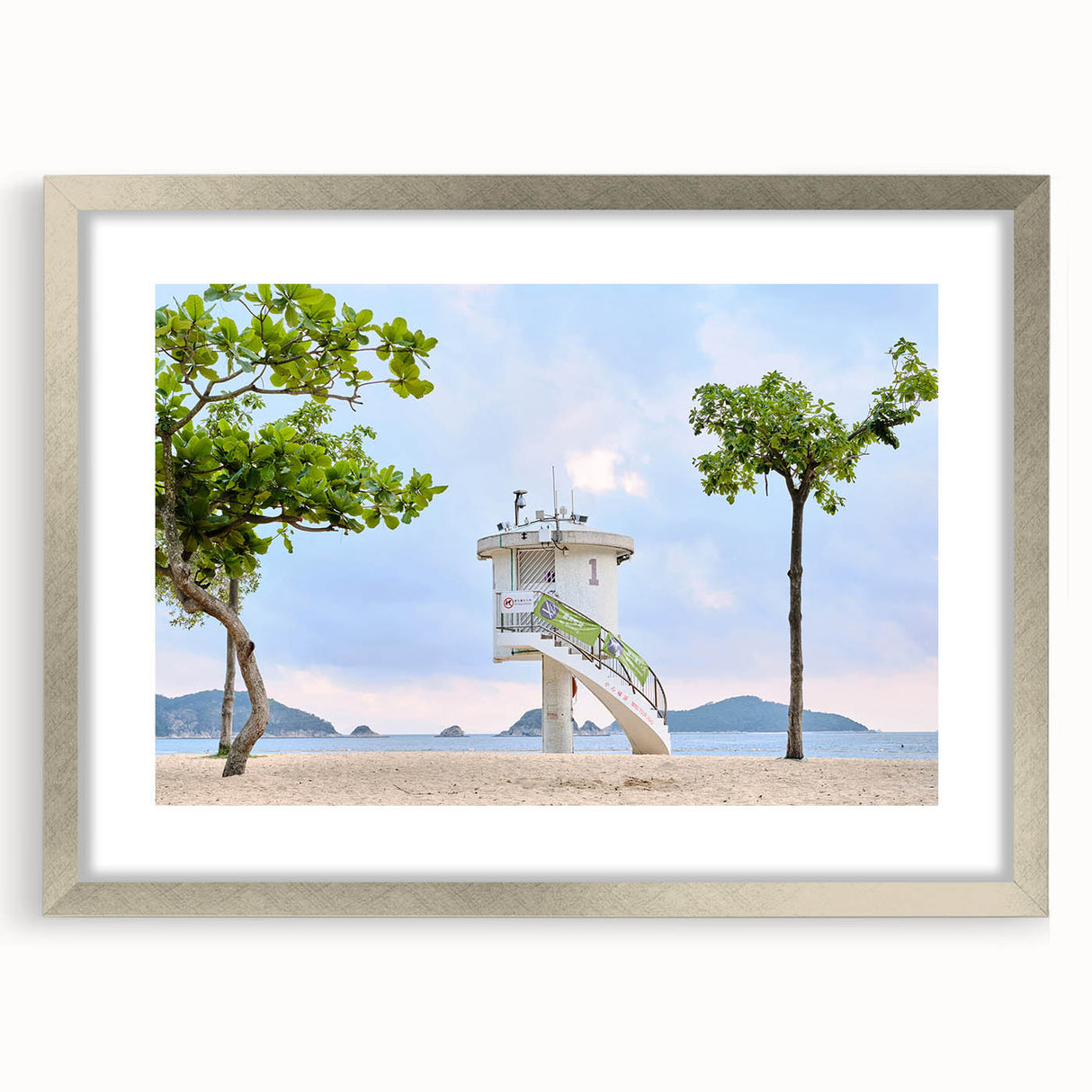Textured art of abstract Hong Kong skyline in muted metallic tones on a silver-framed mat, suitable for bedroom art.