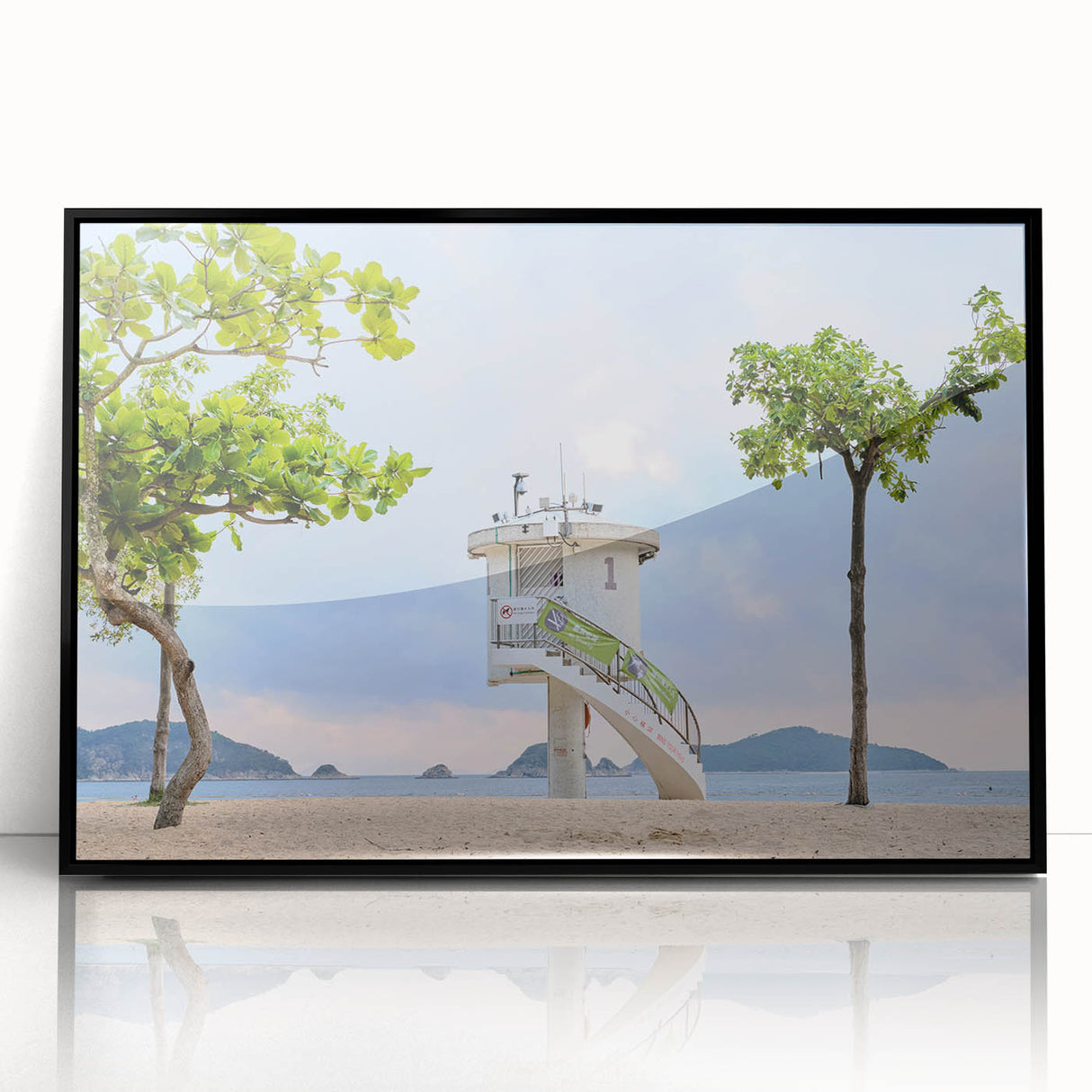 Large abstract wall art of Hong Kong skyline in muted gray and blue tones, framed acrylic, ideal for modern office decor.