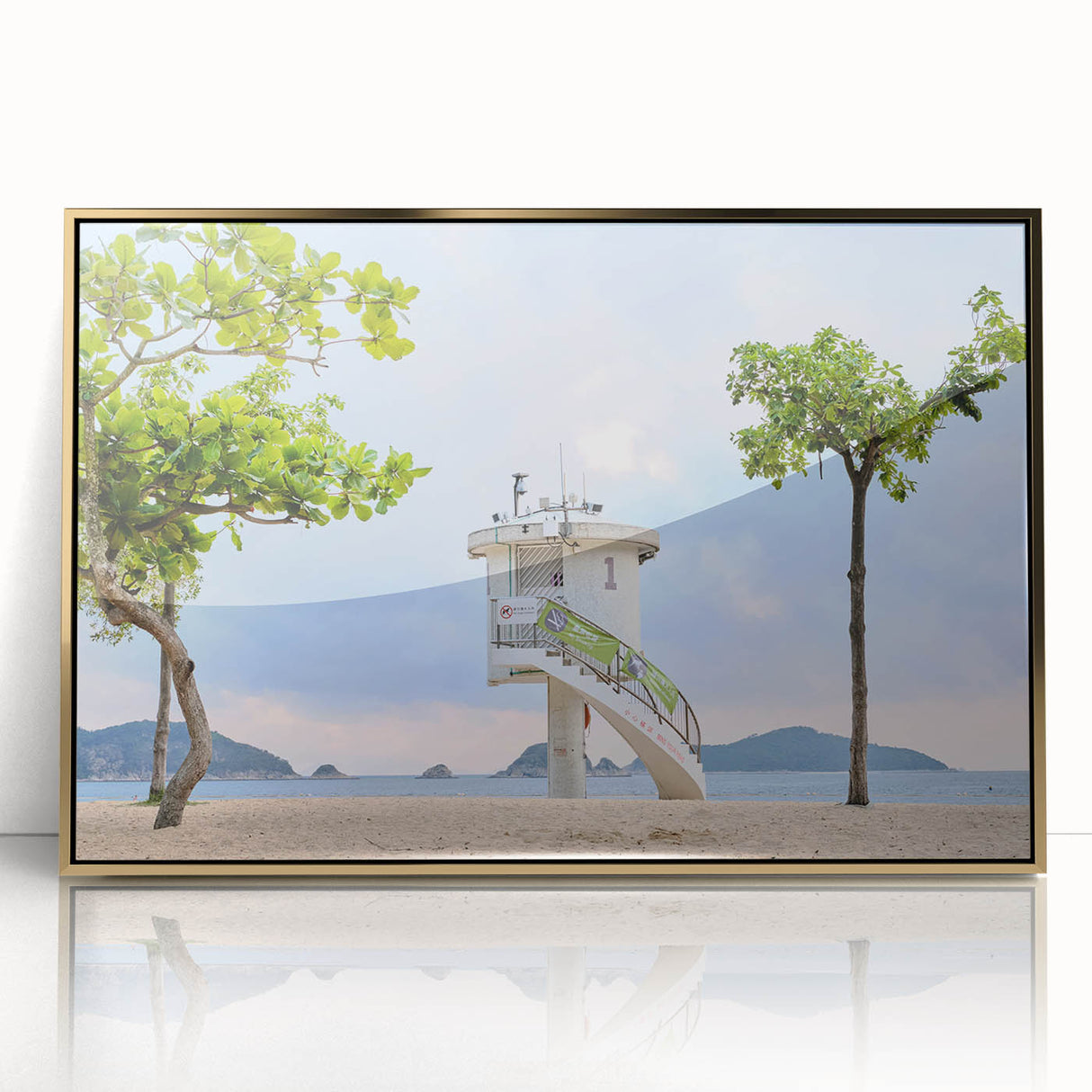 Framed acrylic print of Hong Kong skyline in gold and blue tones, ideal for modern art wall decor.