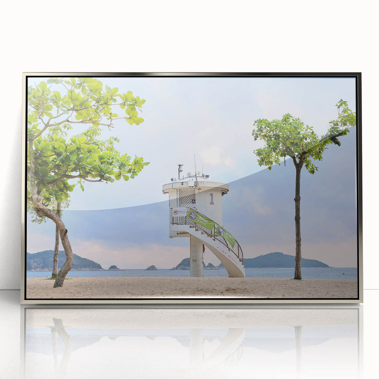 Mid-century modernist art depicting Hong Kong skyline in acrylic, framed in silver, ideal for modern art wall decor.