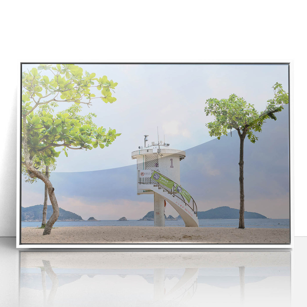 Art deco poster of Hong Kong skyline in muted gray and white tones, acrylic print framed in white.