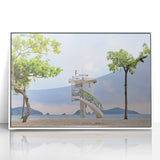 Art deco poster of Hong Kong skyline in muted gray and white tones, acrylic print framed in white.