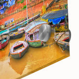 Large abstract wall art featuring a mid-century modernist design of India's scenery in acrylic.