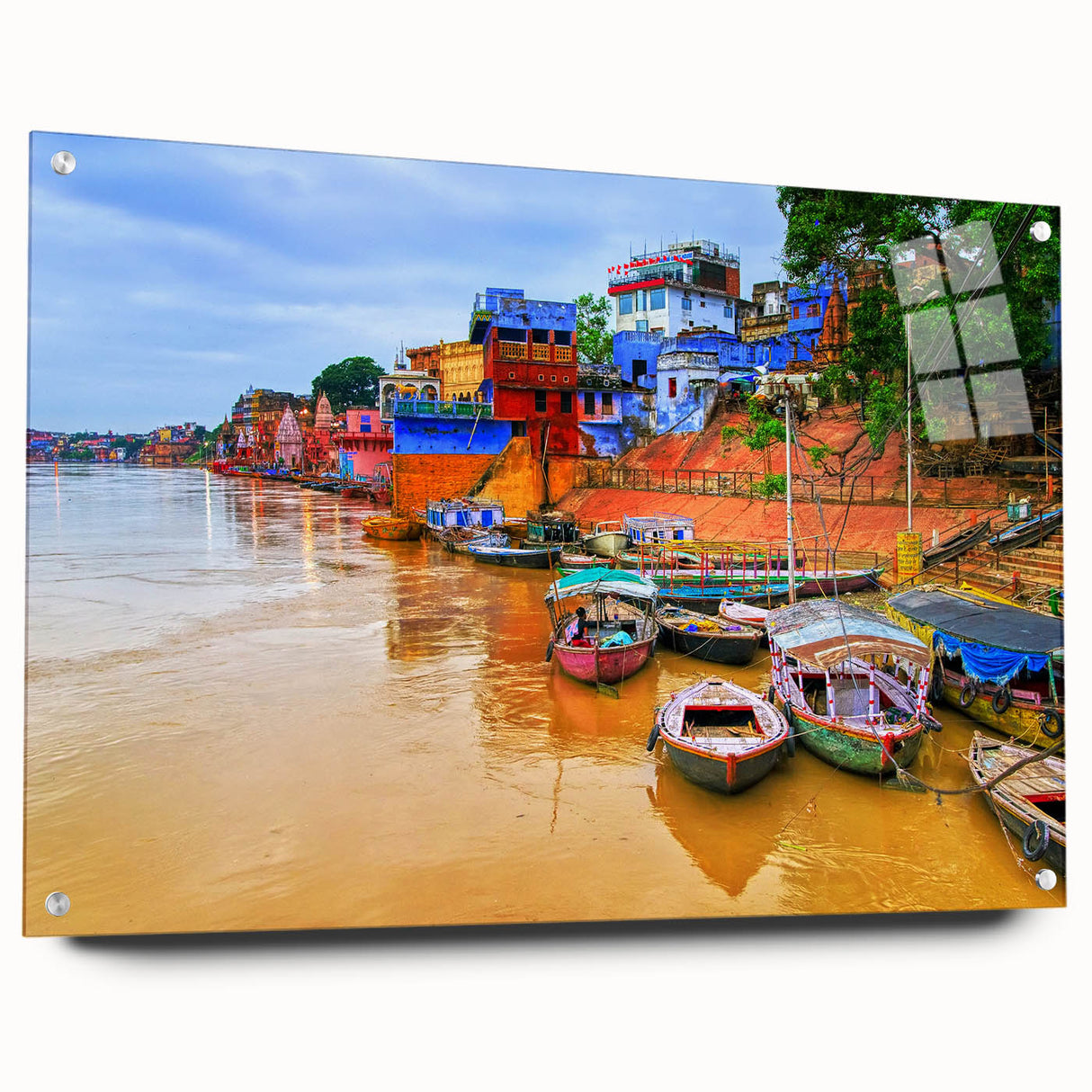 Large abstract wall art depicting an Indian landscape on acrylic glass, ideal for bedroom or dining room decor.