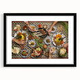 Abstract art print depicting a serene Indonesian landscape in muted earth tones, framed in black.