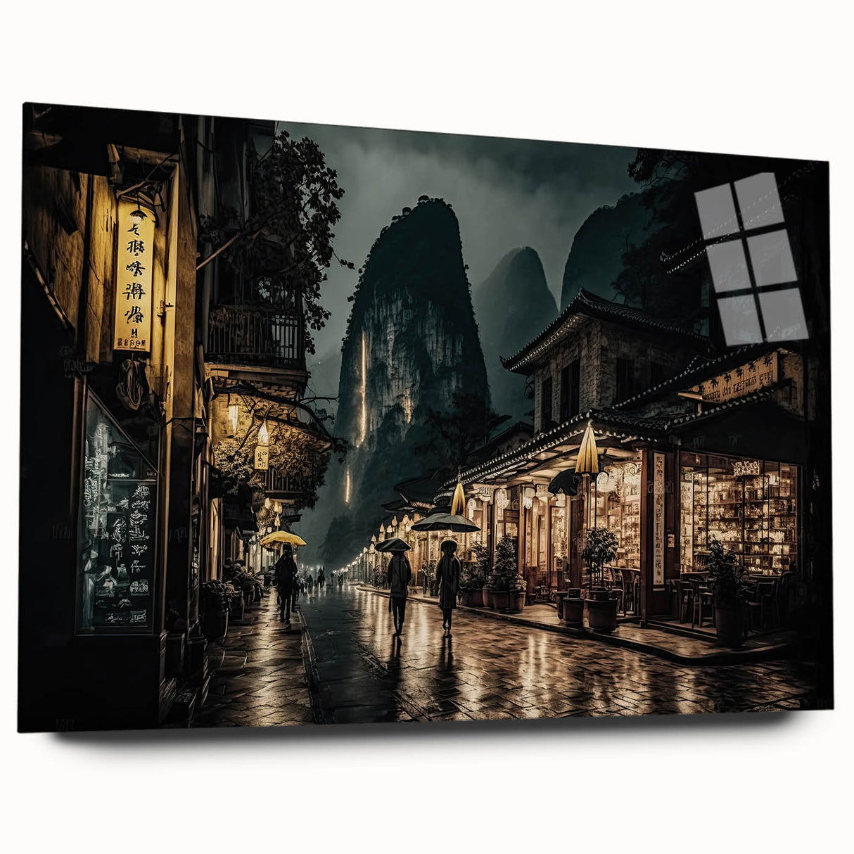 Large abstract wall art of a Kyoto scenery in muted earth tones on acrylic glass, suitable for bedroom or dining room decor.