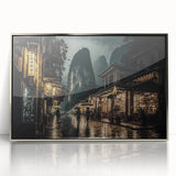 Mid-century modernist art depicting a serene Kyoto landscape in soft pastels on a silver-framed acrylic.