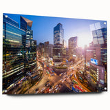 Large abstract depiction of Seoul skyline in muted gray and blue tones on acrylic glass, ideal for dining room art.