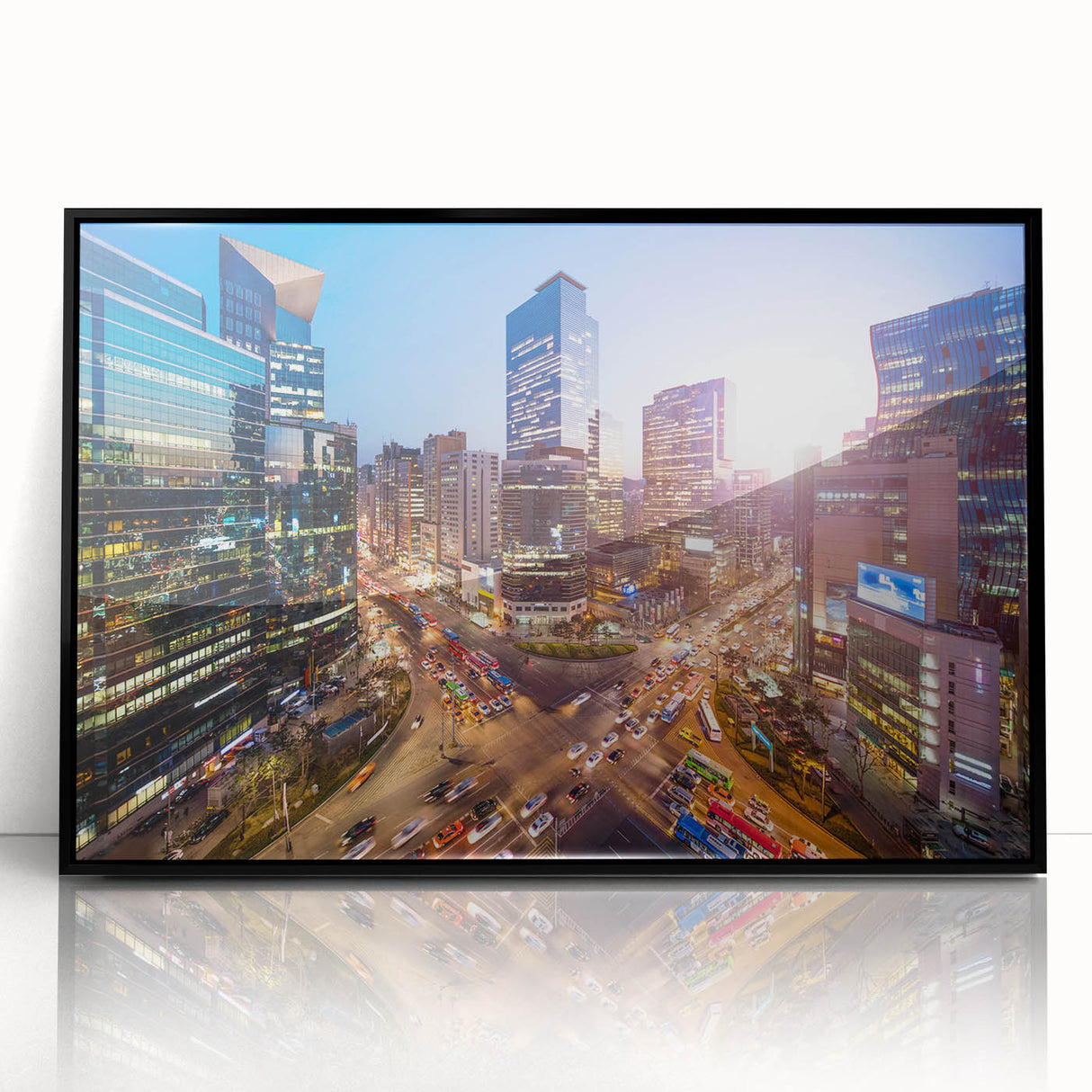 Large abstract wall art depicting Seoul's skyline in muted gray tones on a framed acrylic.