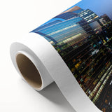 Art deco poster of Seoul scenery in muted gray and blue tones on rolled canvas, ideal for nursery wall art.