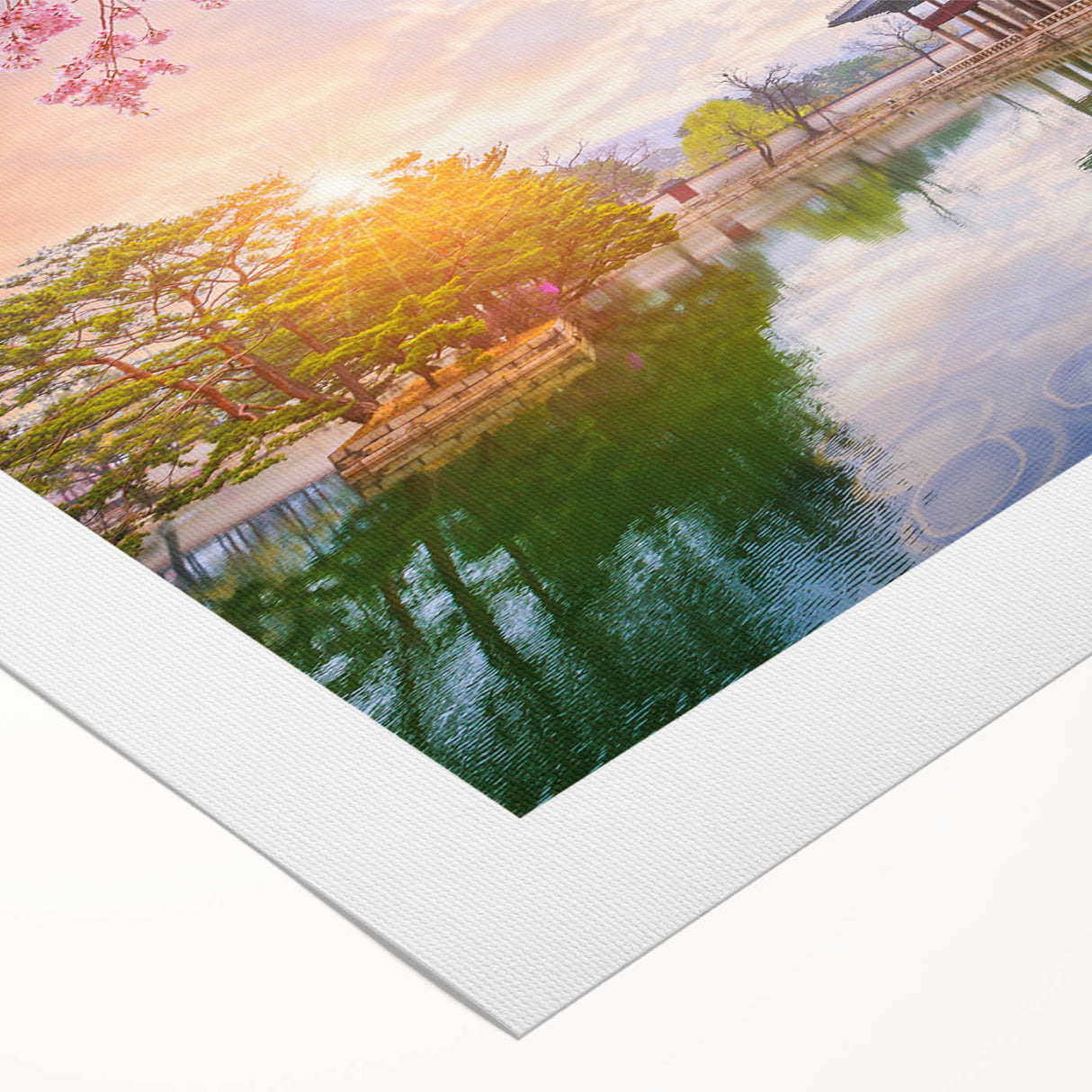 Art deco poster featuring a serene Korean landscape in pastel shades on rolled canvas, suitable for dining room decor.