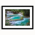 Extra large abstract art print depicting a colorful, textured scenery of Laos on a framed canvas.