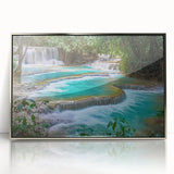 Mid-century modernist art depicting a Laos scenery in muted earth tones, framed acrylic, ideal for nursery wall art.