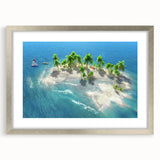 Textured abstract art print of Maldives scenery in muted blue and green tones, framed with a silver mat.