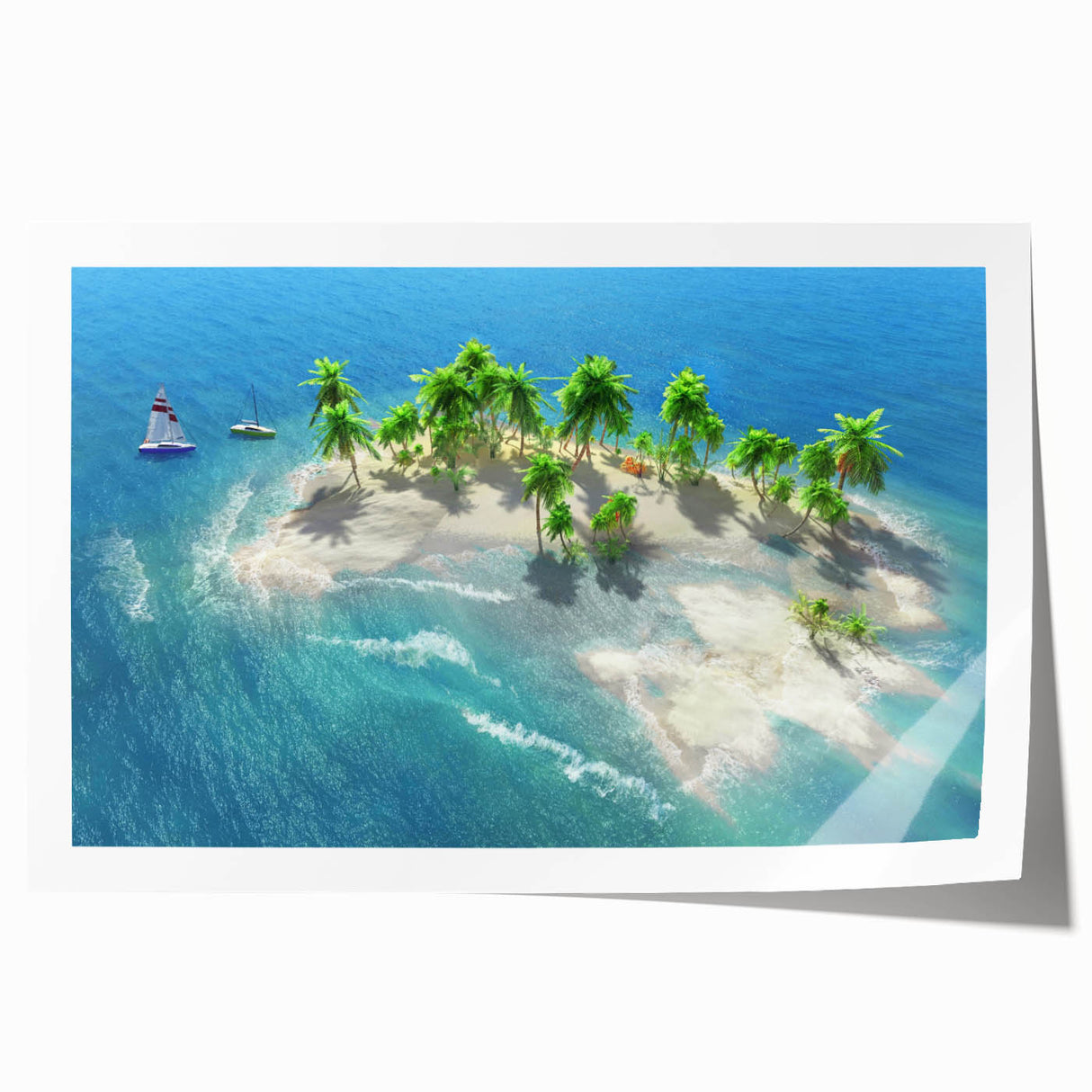 Extra large rolled print of a serene Maldivian beach scene in muted blue and green tones, ideal for art wall dining room.