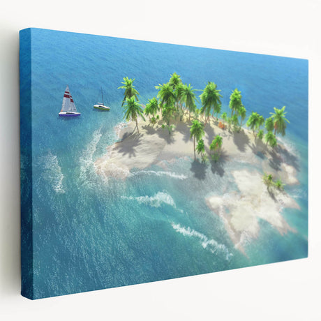 Large stretched canvas of a Maldivian beach scene with vibrant blue and turquoise water, ideal for kitchen wall art.