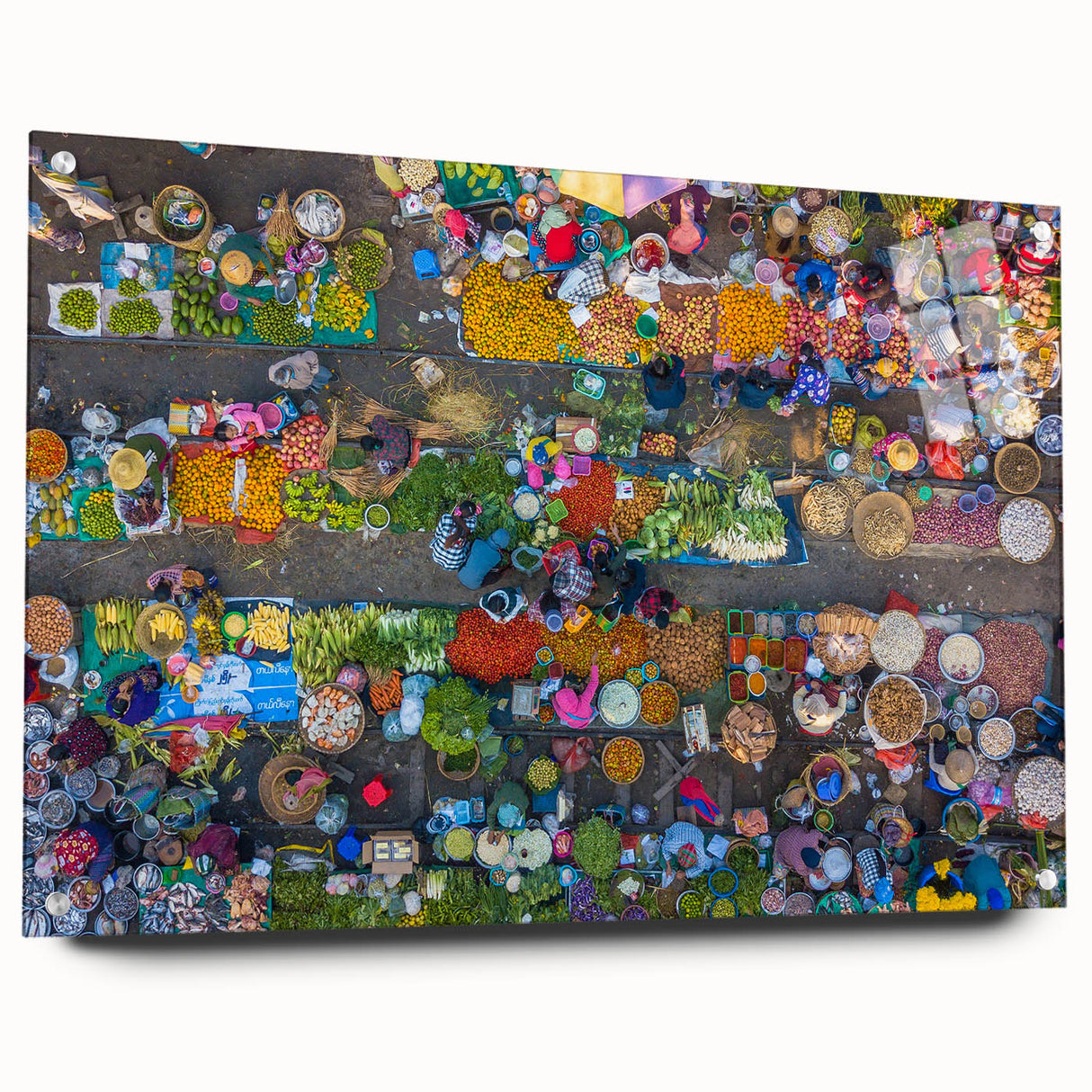 Acrylic print of a large abstract depiction of a Myanmar landscape, in earthy and green tones.