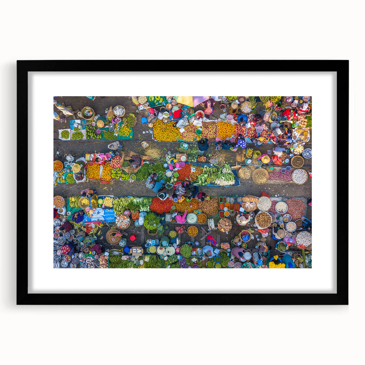 Extra large abstract art print of a textured, colorful Asian landscape on a black framed canvas, ideal for living room decor.