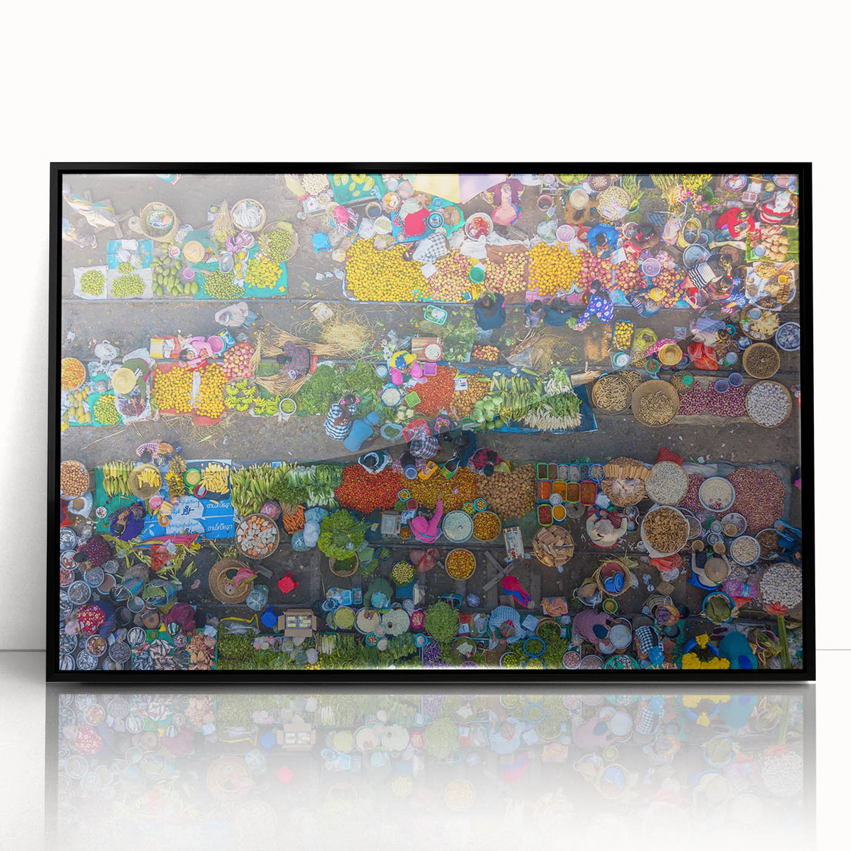 Large abstract wall art depicting a Myanmar scenery in muted earth tones, framed in black acrylic.