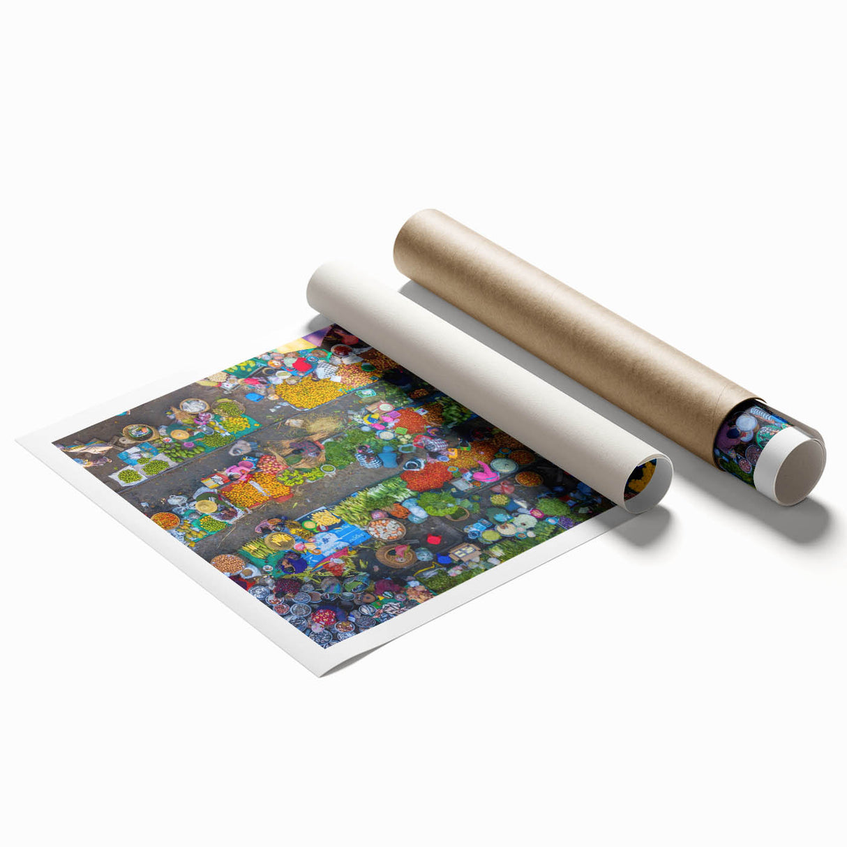 Extra large rolled print featuring a serene Myanmar landscape with lush florals in soft green and blue tones.