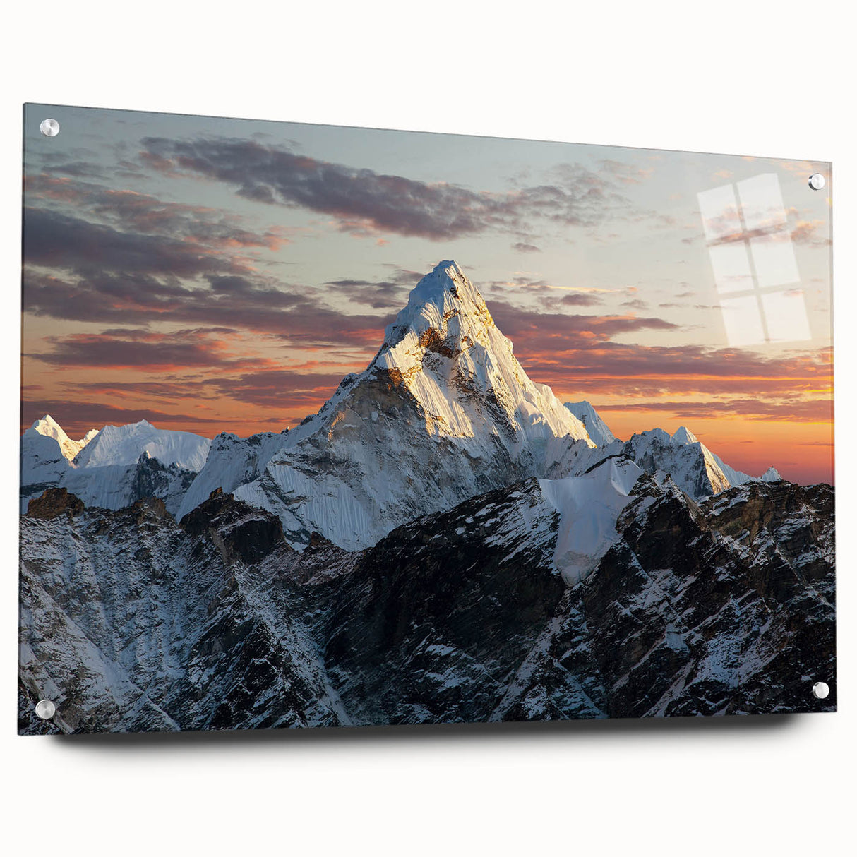 Acrylic print of Mount Everest in muted blue and gray tones, suitable for bedroom or dining room decor.