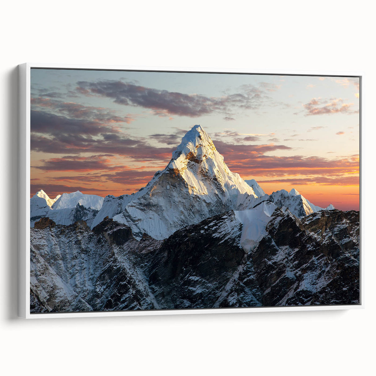 Vintage poster art of Everest in vibrant colors on a large framed canvas, suitable for living room decor.