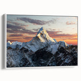 Vintage poster art of Everest in vibrant colors on a large framed canvas, suitable for living room decor.
