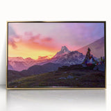Mid-century modernist style large art print of a serene Nepalese landscape, framed in gold acrylic.