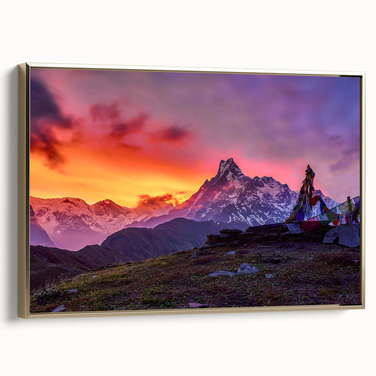 Framed canvas depicting a vintage-style landscape of Nepal, with muted gold and black tones, ideal for bedroom wall art.