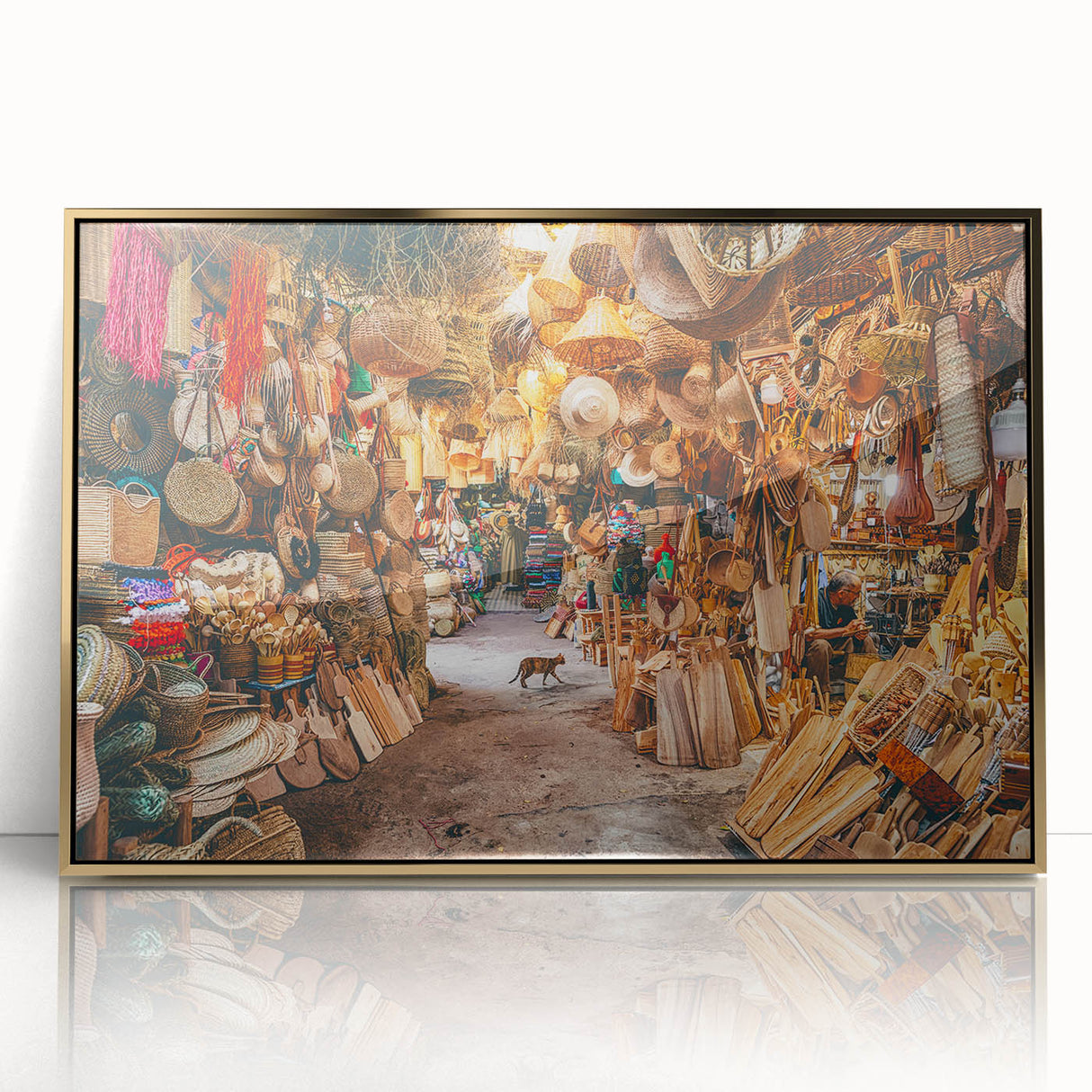 Mid-century modernist art of Singapore skyline in gold and blue tones on framed acrylic, ideal for modern art wall decor.
