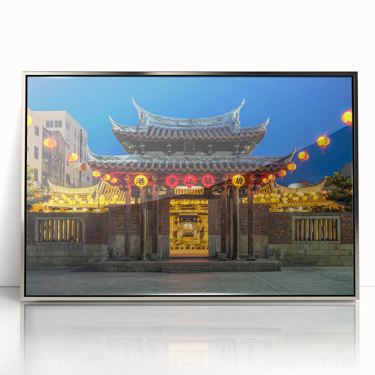 Mid-century modernist art of a Taiwanese landscape in muted earth tones on a framed acrylic print.